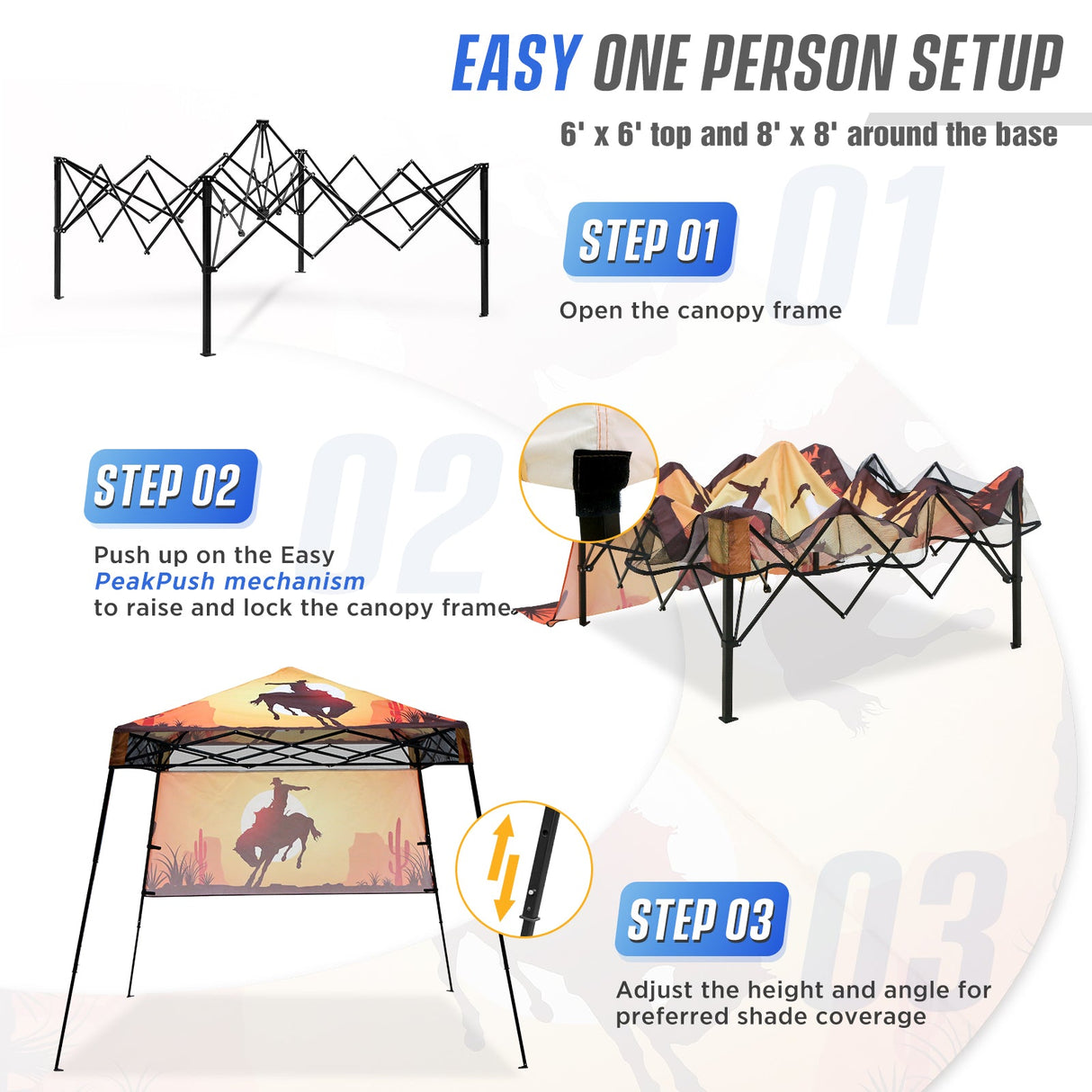 Eagle Peak SHADE GRAPHiX Day 8x8 Tripper Pop Up Canopy Tent with Digital Printed Cowboy - Eagle Peak Canopy and Outdoor Products