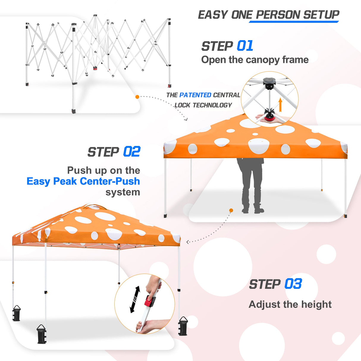 Eagle Peak SHADE GRAPHiX Easy Setup 10x10 Pop Up Canopy Tent (Orange Mushroom Top) - Eagle Peak Custom Canopy Tent