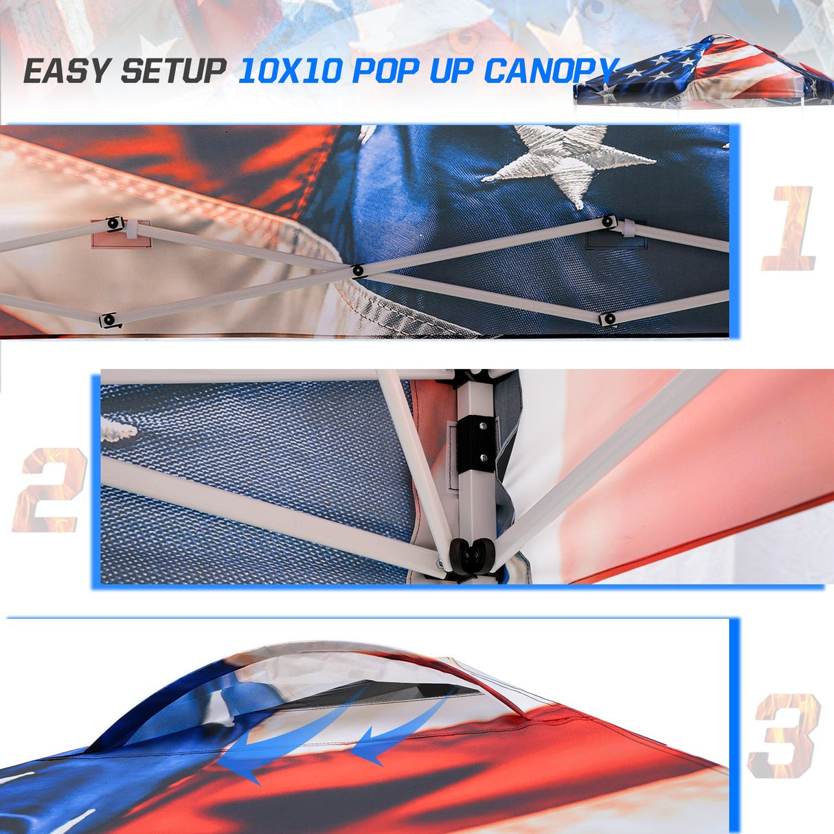 Eagle Peak SHADE GRAPHiX Easy Setup 10x10 Pop Up Canopy Tent with Digital Printed Stars and Stripes Top - Eagle Peak Canopy and Outdoor Products