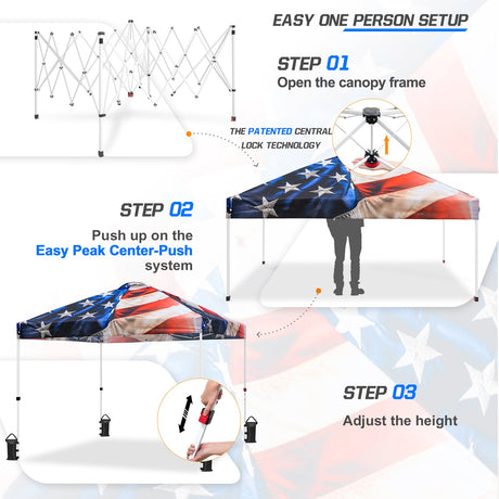 Eagle Peak SHADE GRAPHiX Easy Setup 10x10 Pop Up Canopy Tent with Digital Printed Stars and Stripes Top - Eagle Peak Custom Canopy Tent