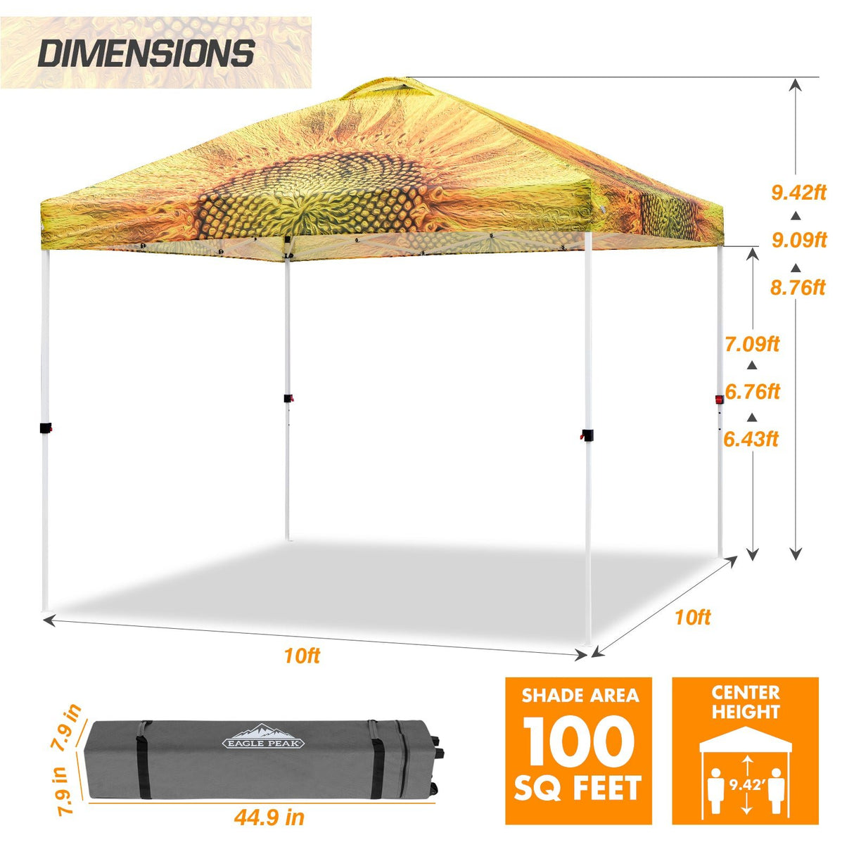 Eagle Peak SHADE GRAPHiX Easy Setup 10x10 Pop Up Canopy Tent with Digital Printed Sun Flower Top - Eagle Peak Canopy and Outdoor Products