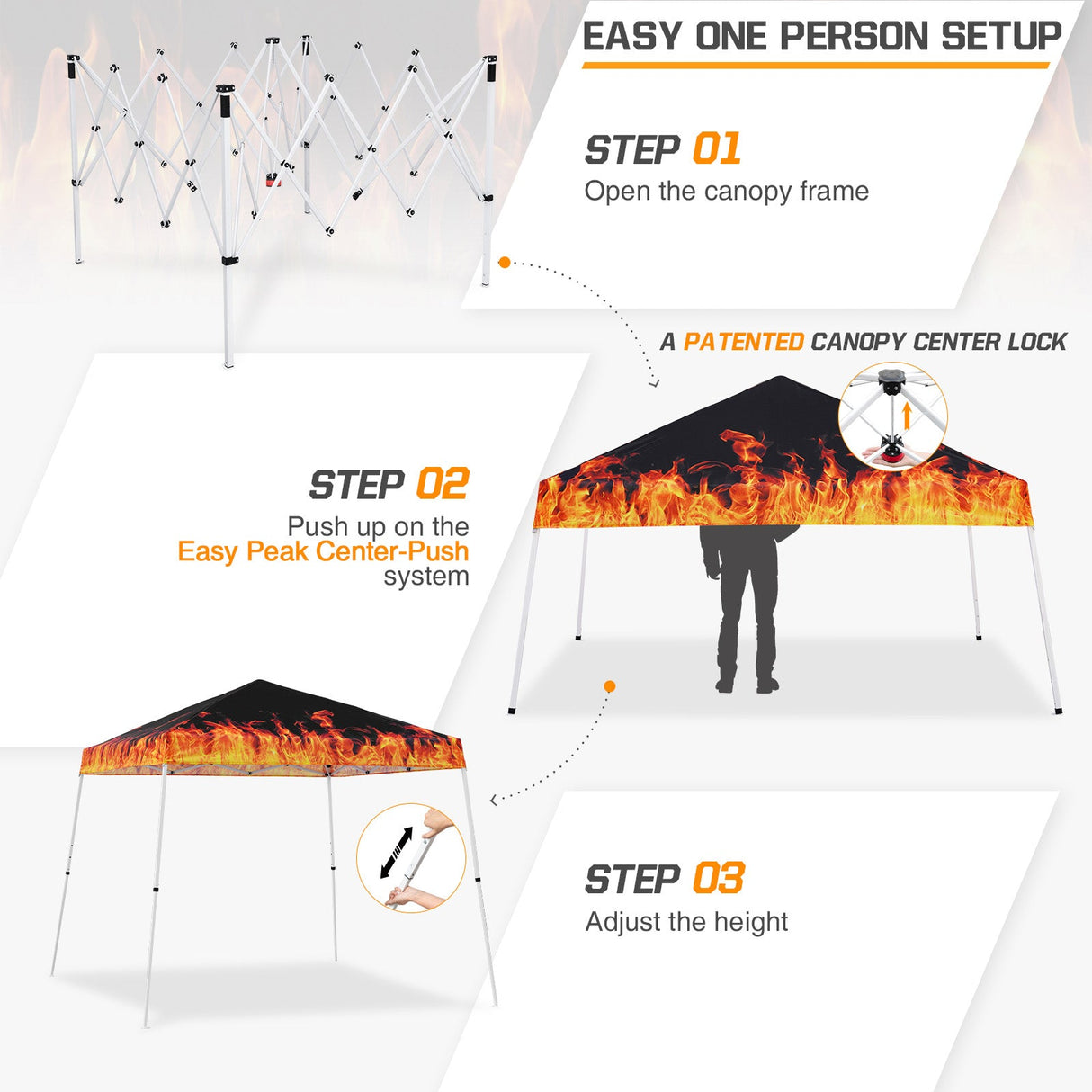 Eagle Peak SHADE GRAPHiX Slant Leg 10x10 Easy Setup Pop Up Canopy Tent with Digital Printed Flame Top - Eagle Peak Custom Canopy Tent