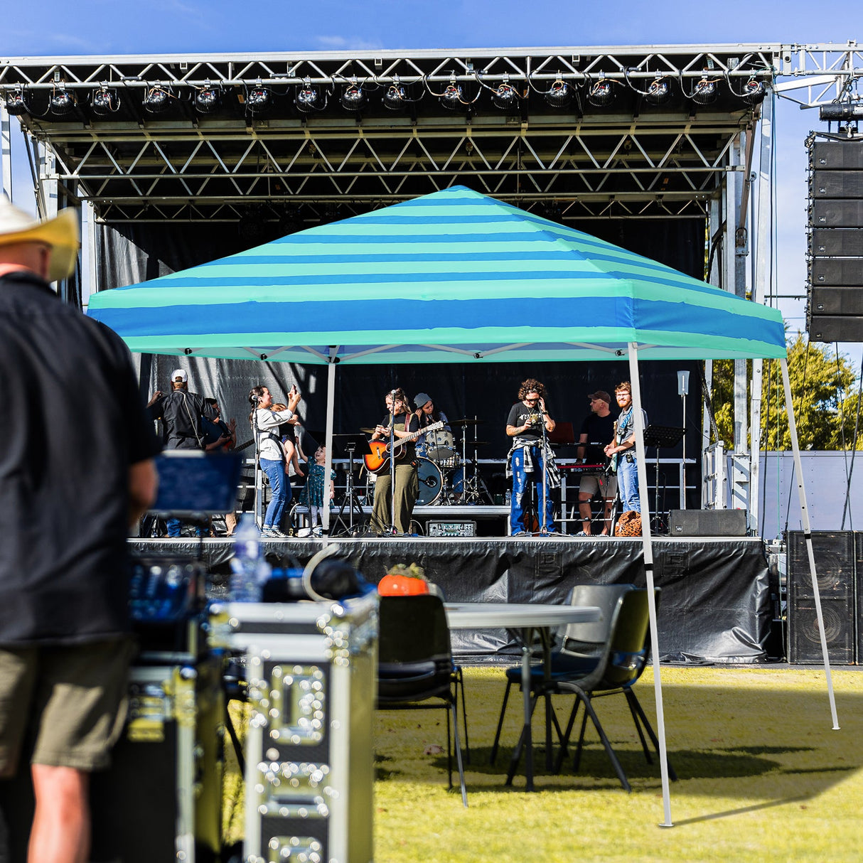 Eagle Peak SHADE GRAPHiX Slant Leg 10x10 Easy Setup Pop Up Canopy Tent with Digital Printed Green Blue Stripe Top - Eagle Peak Canopy and Outdoor Products