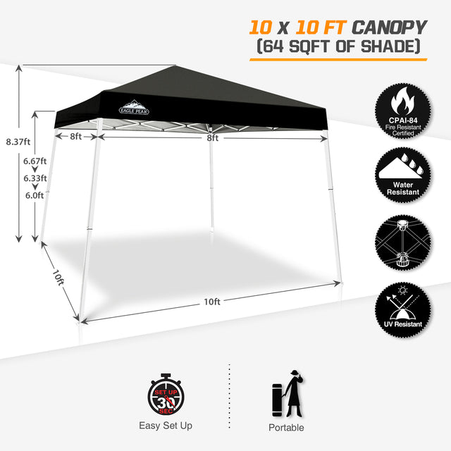 10' x 10' Slant Leg Pop Up Canopy with 64 sqft of Shade – Eagle Peak ...