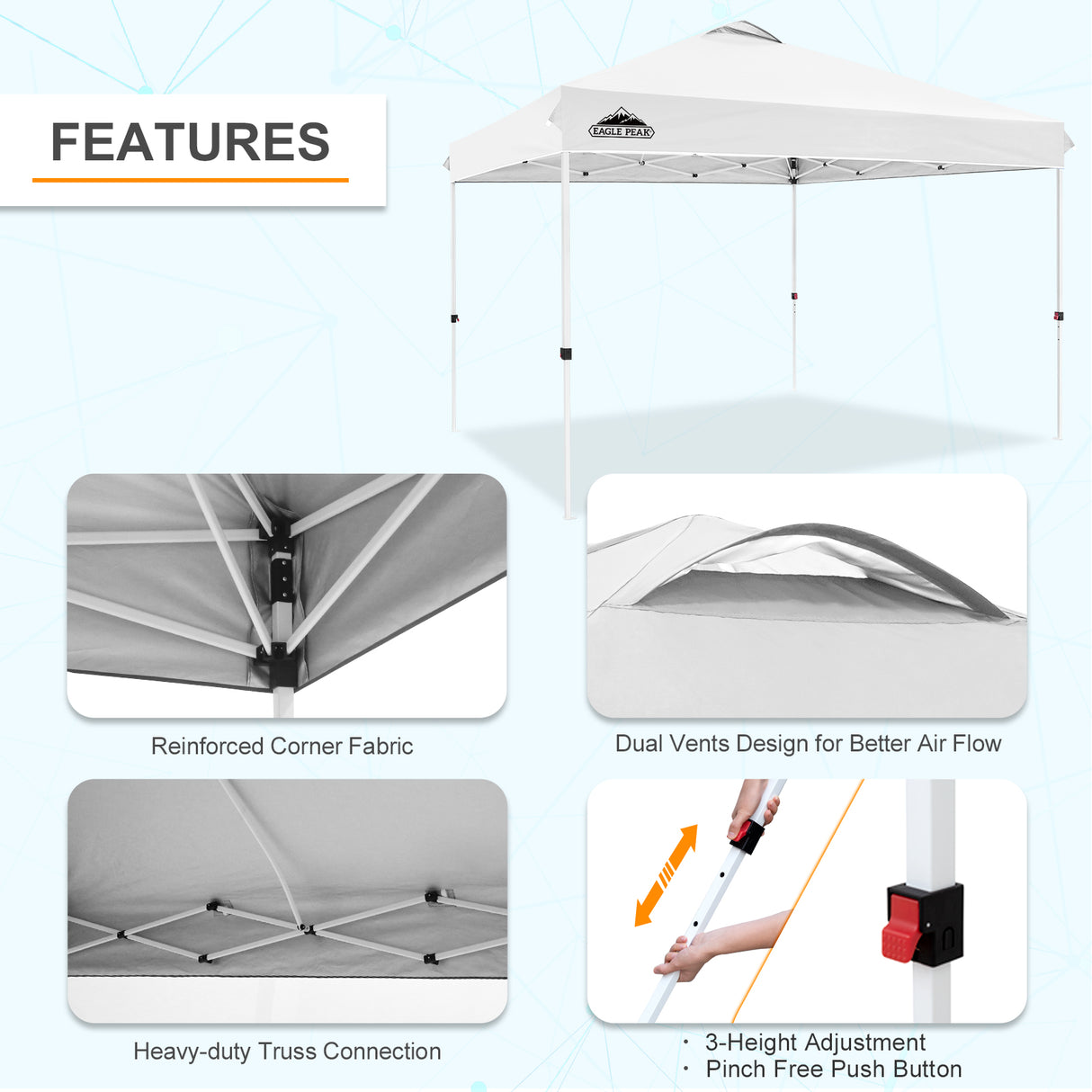 Pop Up Canopy Tent with Wheeled Carry Bag, 8 Stakes, 4 Ropes, 4 Weight Bags, 12x12 ft - Eagle Peak Custom Canopy Tent