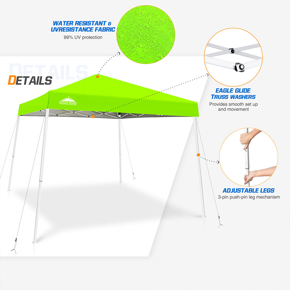 Slant Leg Pop up Canopy Tent, 10x10 Base 8x8 Top