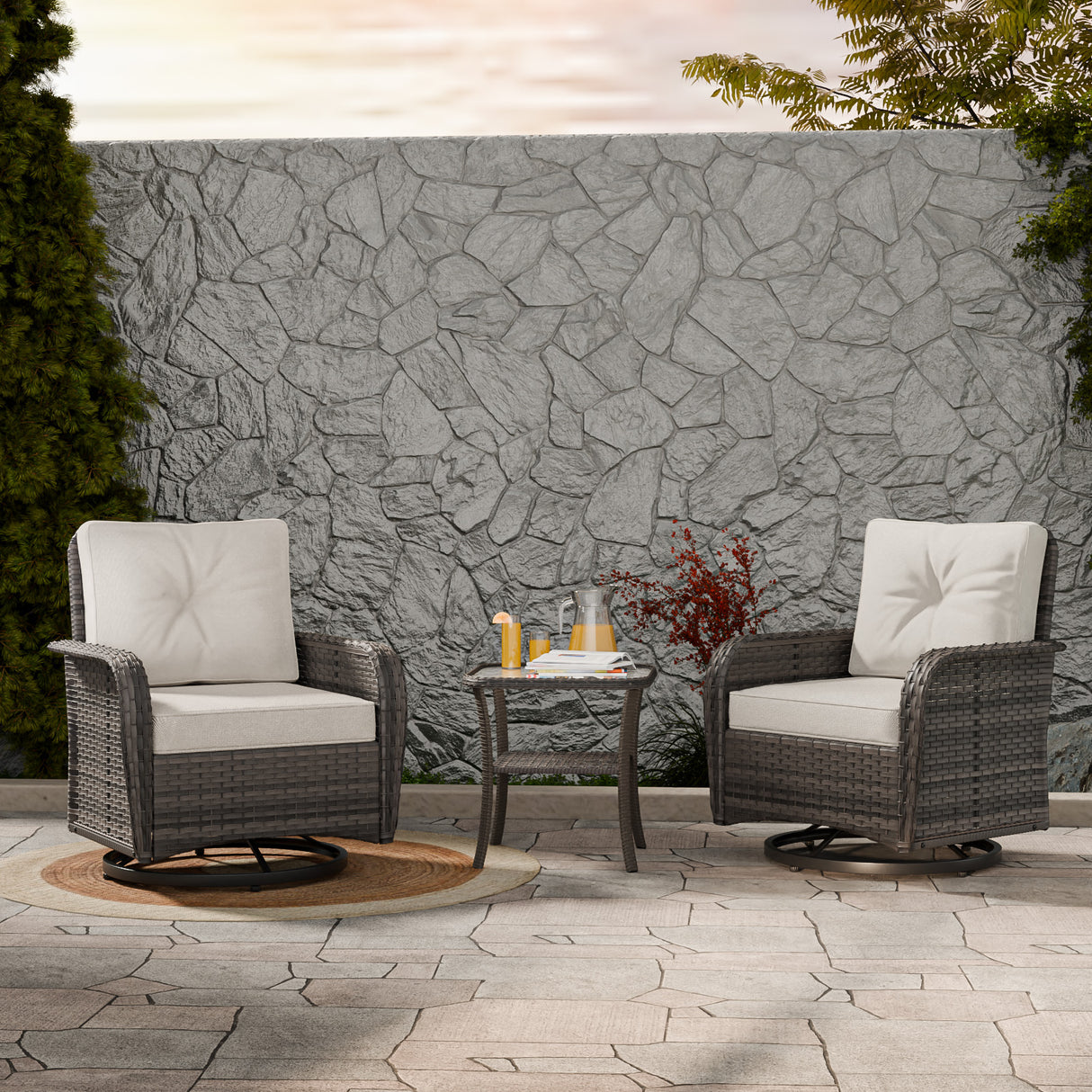 EAGLE PEAK 3pc Rattan Swivel Rocker Patio Conversation Set, includes 2 Wicker Swivel Rocking Chairs with Removable Cushions and 1 Side Table, Gray/Beige