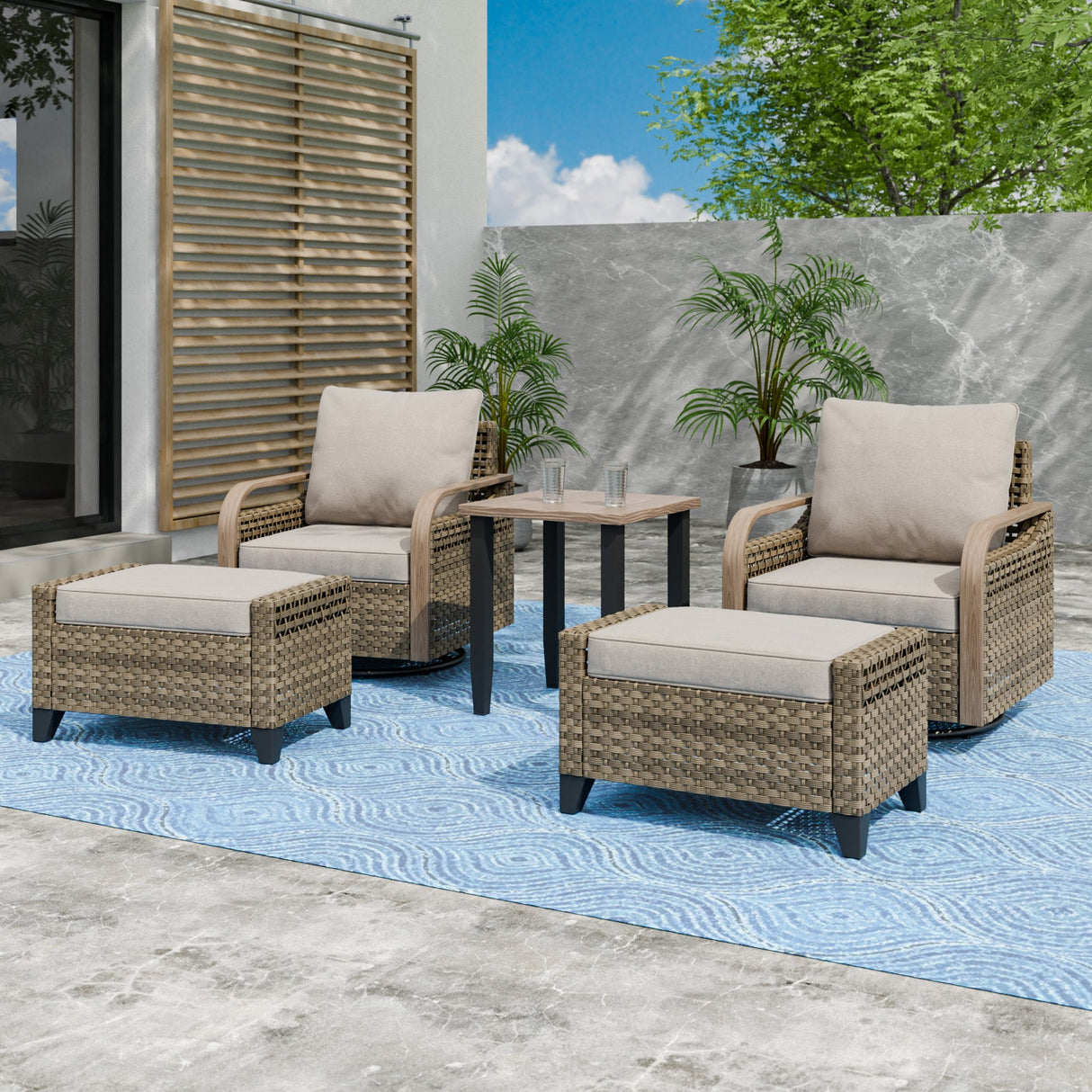 Modern Wicker 5 Piece Furniture Set w/ Swivel Rocking Chairs, Brown/Gray - Eagle Peak Custom Canopy Tent