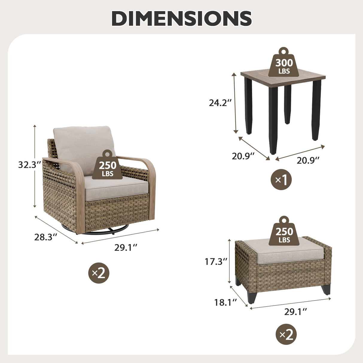 Modern Wicker 5 Piece Furniture Set w/ Swivel Rocking Chairs, Brown/Gray - Eagle Peak Custom Canopy Tent