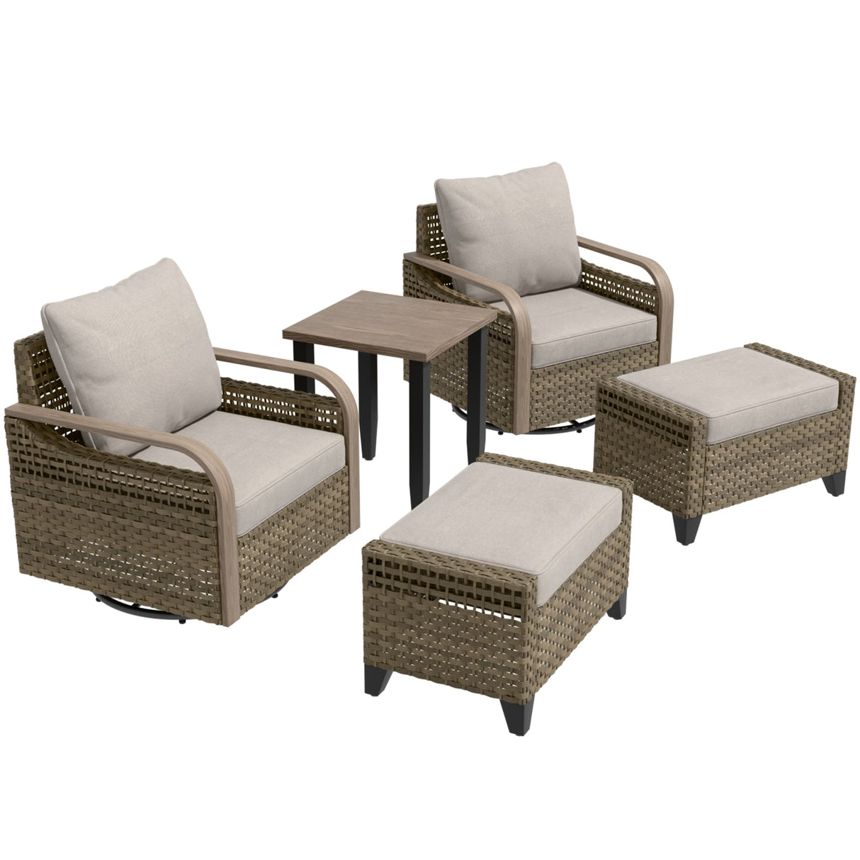 Modern Wicker 5 Piece Furniture Set w/ Swivel Rocking Chairs, Brown/Gray - Eagle Peak Custom Canopy Tent