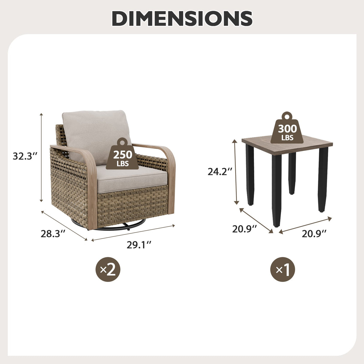 Modern Wicker Outdoor 3 Piece Wicker Swivel Rocking Chairs & Side Table, Brown/Gray - Eagle Peak Custom Canopy Tent