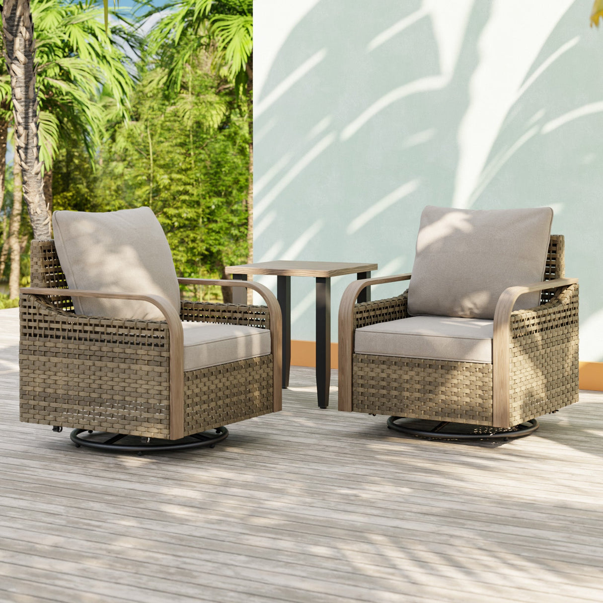 Modern Wicker Outdoor 3 Piece Wicker Swivel Rocking Chairs & Side Table, Brown/Gray - Eagle Peak Custom Canopy Tent