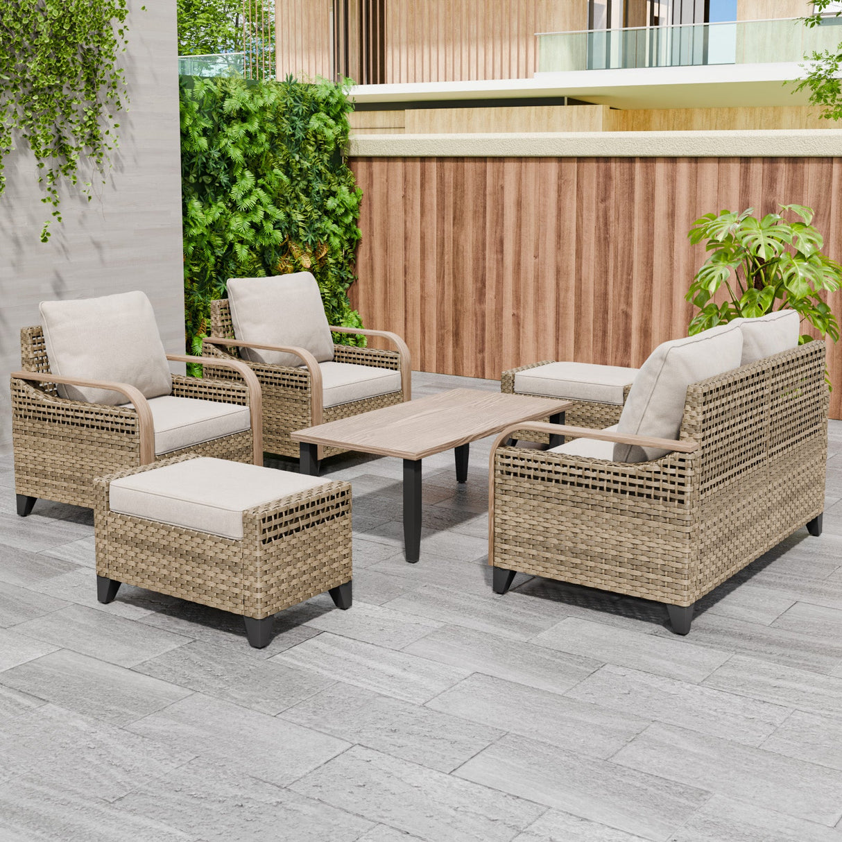 Modern Wicker Outdoor Furniture Set, 2 Patio Chairs, 2 - Seat Loveseat, 2 Ottomans and Coffee Table, 6 Pieces, Brown/Gray - Eagle Peak Custom Canopy Tent