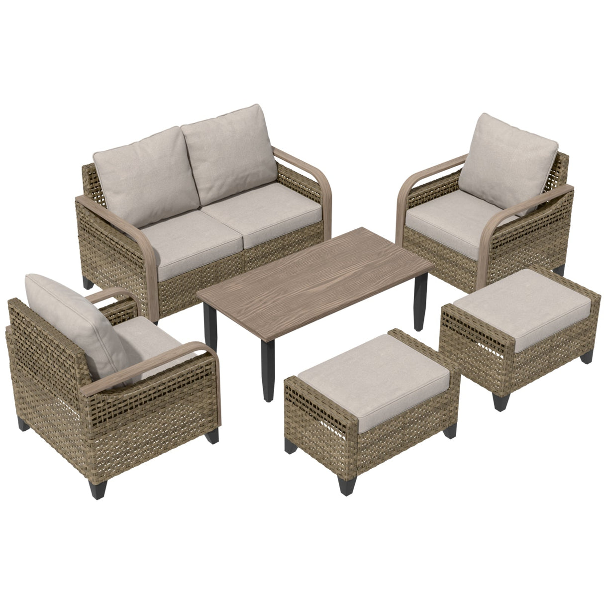 Modern Wicker Outdoor Furniture Set, 2 Patio Chairs, 2 - Seat Loveseat, 2 Ottomans and Coffee Table, 6 Pieces, Brown/Gray - Eagle Peak Custom Canopy Tent