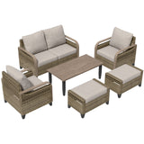 Modern Wicker Outdoor Furniture Set, 2 Patio Chairs, 2 - Seat Loveseat, 2 Ottomans and Coffee Table, 6 Pieces, Brown/Gray - Eagle Peak Custom Canopy Tent