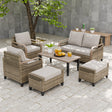 Modern Wicker Outdoor Furniture Set, 2 Patio Chairs, 2 - Seat Loveseat, 2 Ottomans and Coffee Table, 6 Pieces, Brown/Gray - Eagle Peak Custom Canopy Tent