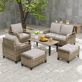 Modern Wicker Outdoor Furniture Set, 2 Patio Chairs, 2 - Seat Loveseat, 2 Ottomans and Coffee Table, 6 Pieces, Brown/Gray - Eagle Peak Custom Canopy Tent