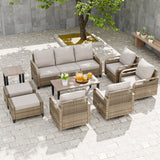 Modern Wicker Outdoor Furniture Set,4 Swivel Rocker Chairs, 3 - Seat Loveseat, 2 Ottomans, Coffee Table and Side Table, 9 Pieces, Brown/Gray - Eagle Peak Custom Canopy Tent