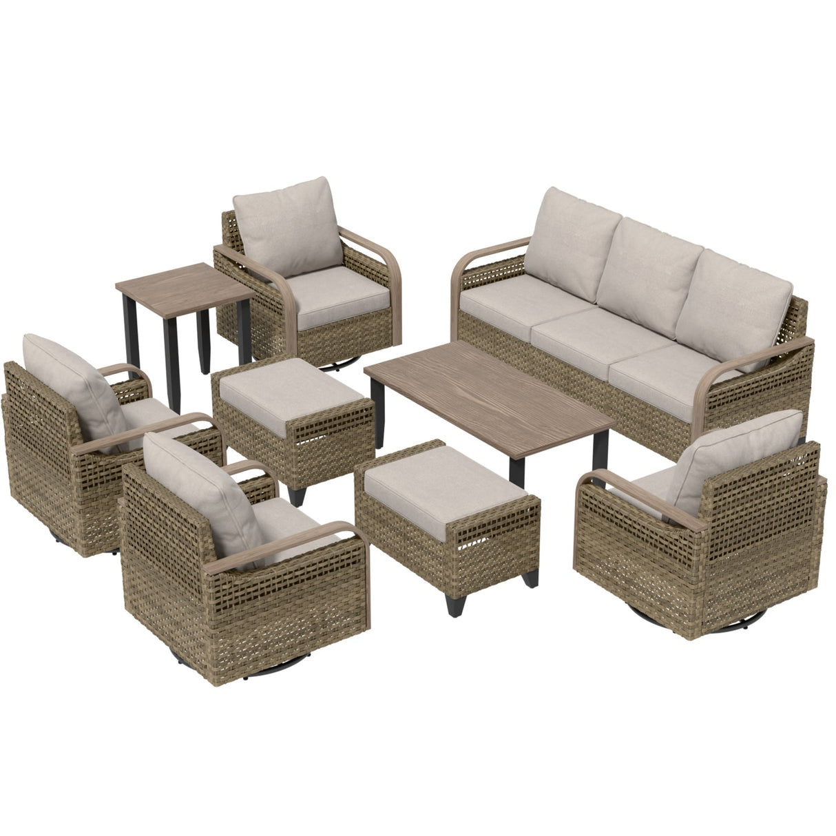 Modern Wicker Outdoor Furniture Set,4 Swivel Rocker Chairs, 3 - Seat Loveseat, 2 Ottomans, Coffee Table and Side Table, 9 Pieces, Brown/Gray - Eagle Peak Custom Canopy Tent