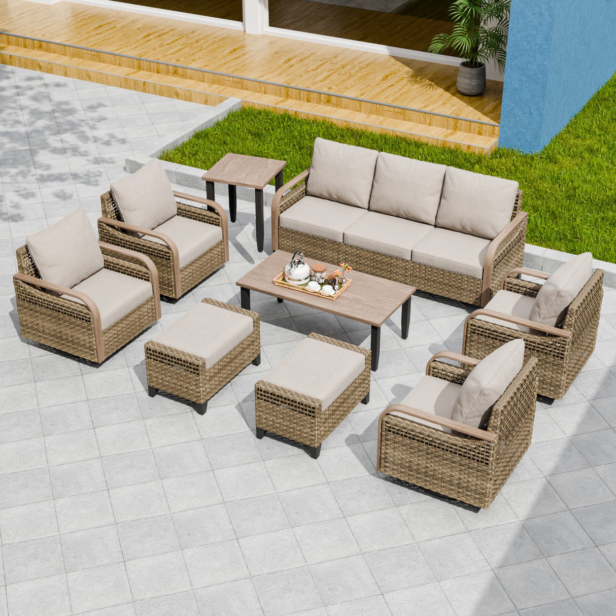 Modern Wicker Outdoor Furniture Set,4 Swivel Rocker Chairs, 3 - Seat Loveseat, 2 Ottomans, Coffee Table and Side Table, 9 Pieces, Brown/Gray - Eagle Peak Custom Canopy Tent