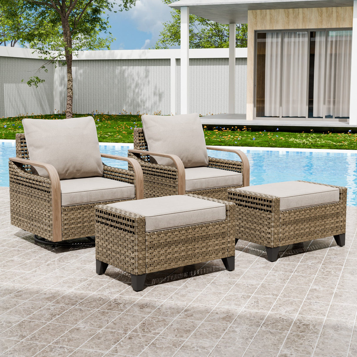 Modern Wicker Outdoor Glider Rocking Chair,2 Chairs 2 Ottomans, 4 Piece, Brown/Gray - Eagle Peak Custom Canopy Tent