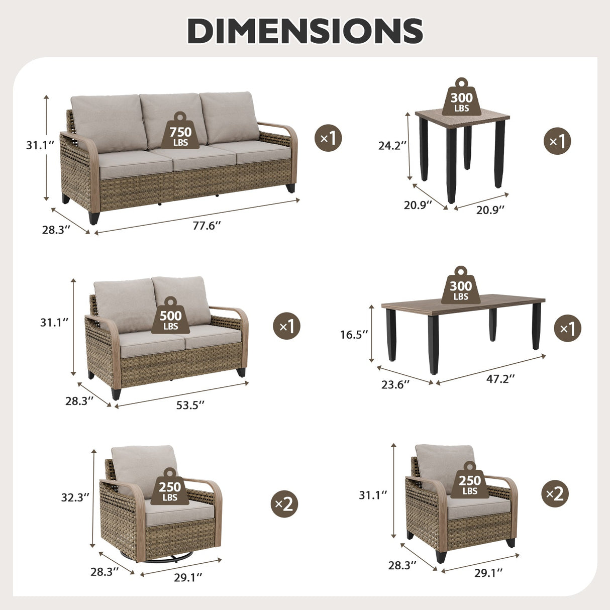 Modern Wicker Outdoor Patio Furniture Set, 2 Patio Chairs, 2 Swivel Rocker Chairs, 3 - Seat Sofa, Loveseat, Coffee Table and Side Table, 8 Pieces, Brown/Gray - Eagle Peak Custom Canopy Tent