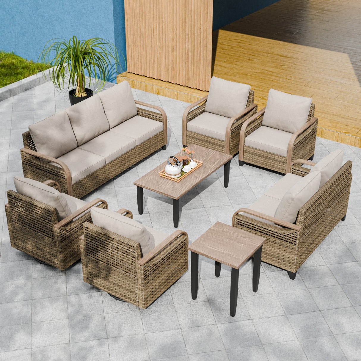 Modern Wicker Outdoor Patio Furniture Set, 2 Patio Chairs, 2 Swivel Rocker Chairs, 3 - Seat Sofa, Loveseat, Coffee Table and Side Table, 8 Pieces, Brown/Gray - Eagle Peak Custom Canopy Tent