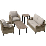 Modern Wicker Outdoor Patio Furniture Set,2 Patio Chairs, 2 - Seat Loveseat, Coffee Table and Side Table, 5 Pieces, Brown/Gray - Eagle Peak Custom Canopy Tent