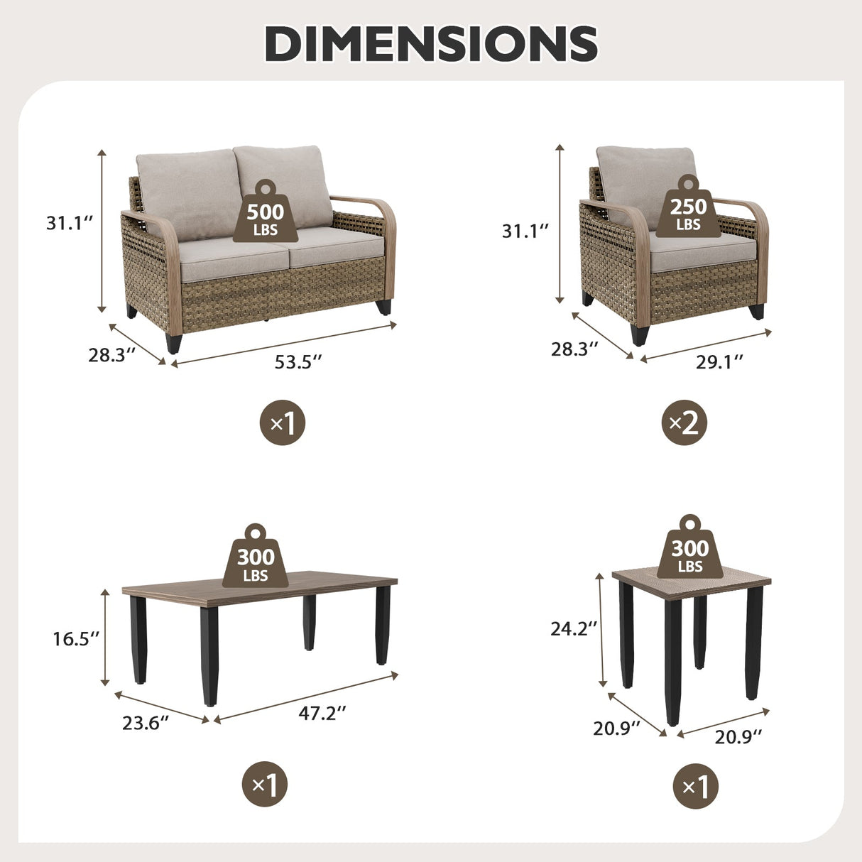 Modern Wicker Outdoor Patio Furniture Set,2 Patio Chairs, 2 - Seat Loveseat, Coffee Table and Side Table, 5 Pieces, Brown/Gray - Eagle Peak Custom Canopy Tent