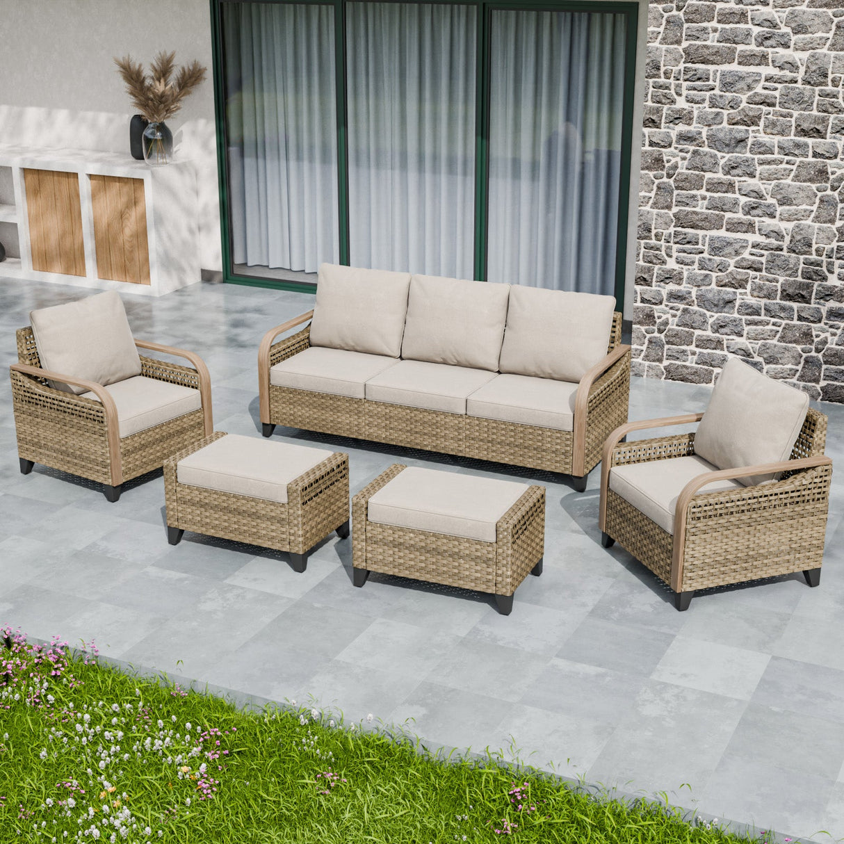 Modern Wicker Outdoor Patio Furniture Set,2 Patio Chairs, 3 - Seat Loveseat and 2 Ottomans, 5 Pieces, Brown/Gray - Eagle Peak Custom Canopy Tent