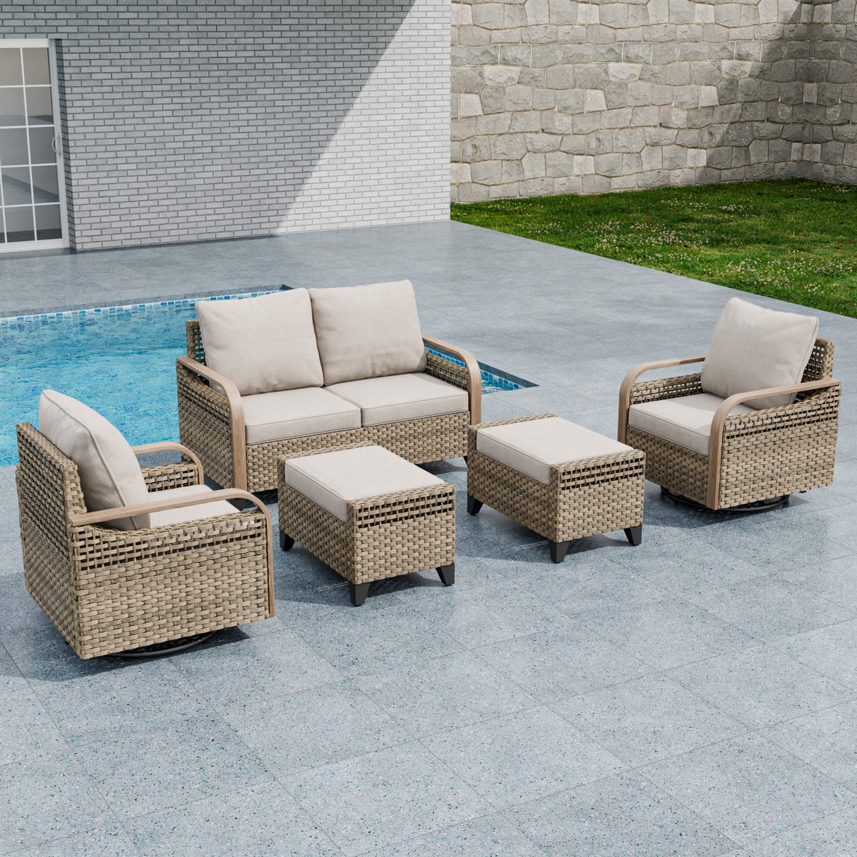 Modern Wicker Outdoor Patio Furniture Set,2 Swivel Rocking Chairs, 2 - Seat Loveseat and 2 Ottomans, 5 Pieces, Brown/Gray - Eagle Peak Custom Canopy Tent