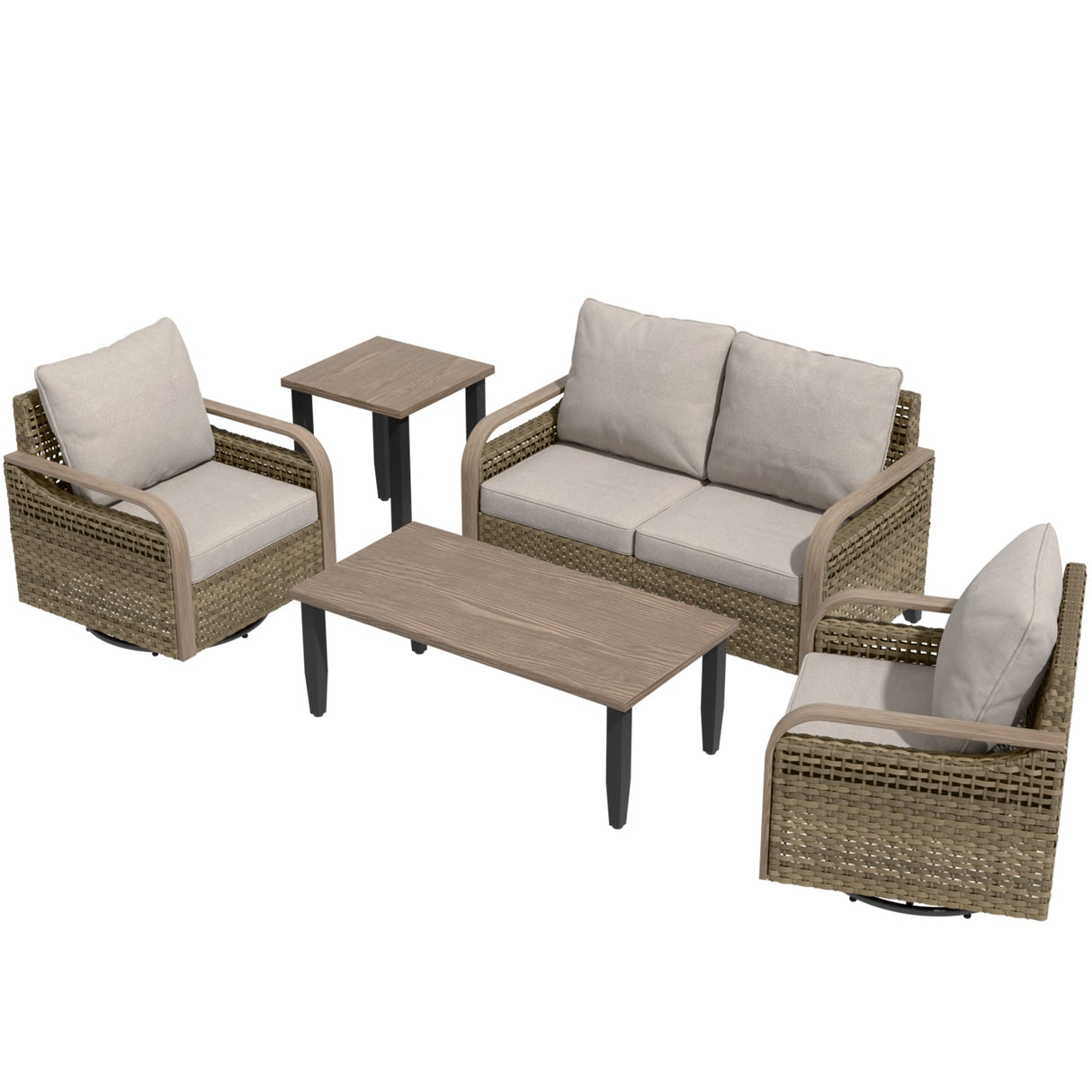 Modern Wicker Outdoor Patio Furniture Set,2 Swivel Rocking Chairs, 2 - Seat Loveseat, Coffee Table and Side Table, 5 Pieces, Brown/Gray - Eagle Peak Custom Canopy Tent