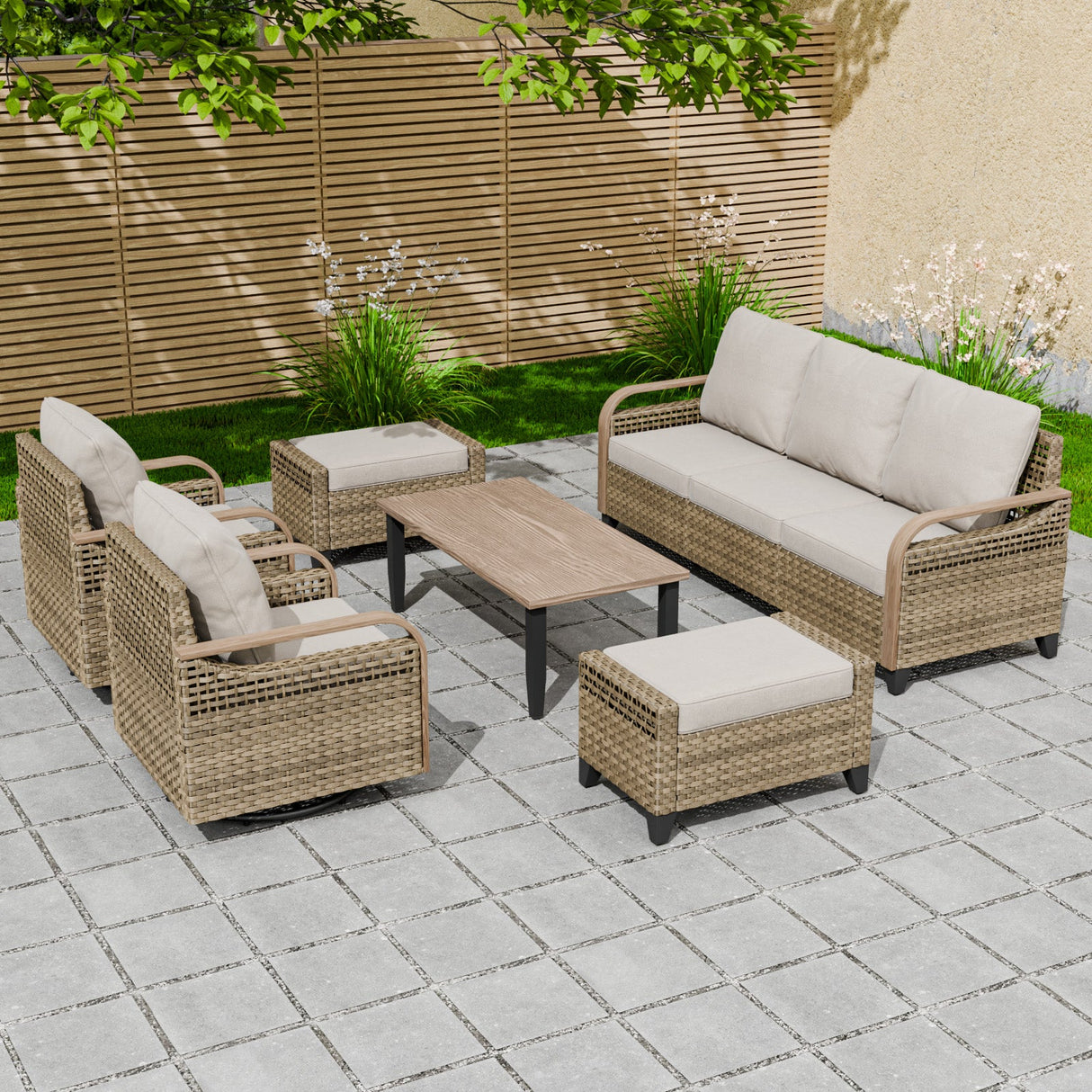 Modern Wicker Outdoor Patio Furniture Set,2 Swivel Rocking Chairs, 3 - Seat Loveseat, 2 Ottomans and Coffee Table, 6 Pieces, Brown/Gray - Eagle Peak Custom Canopy Tent