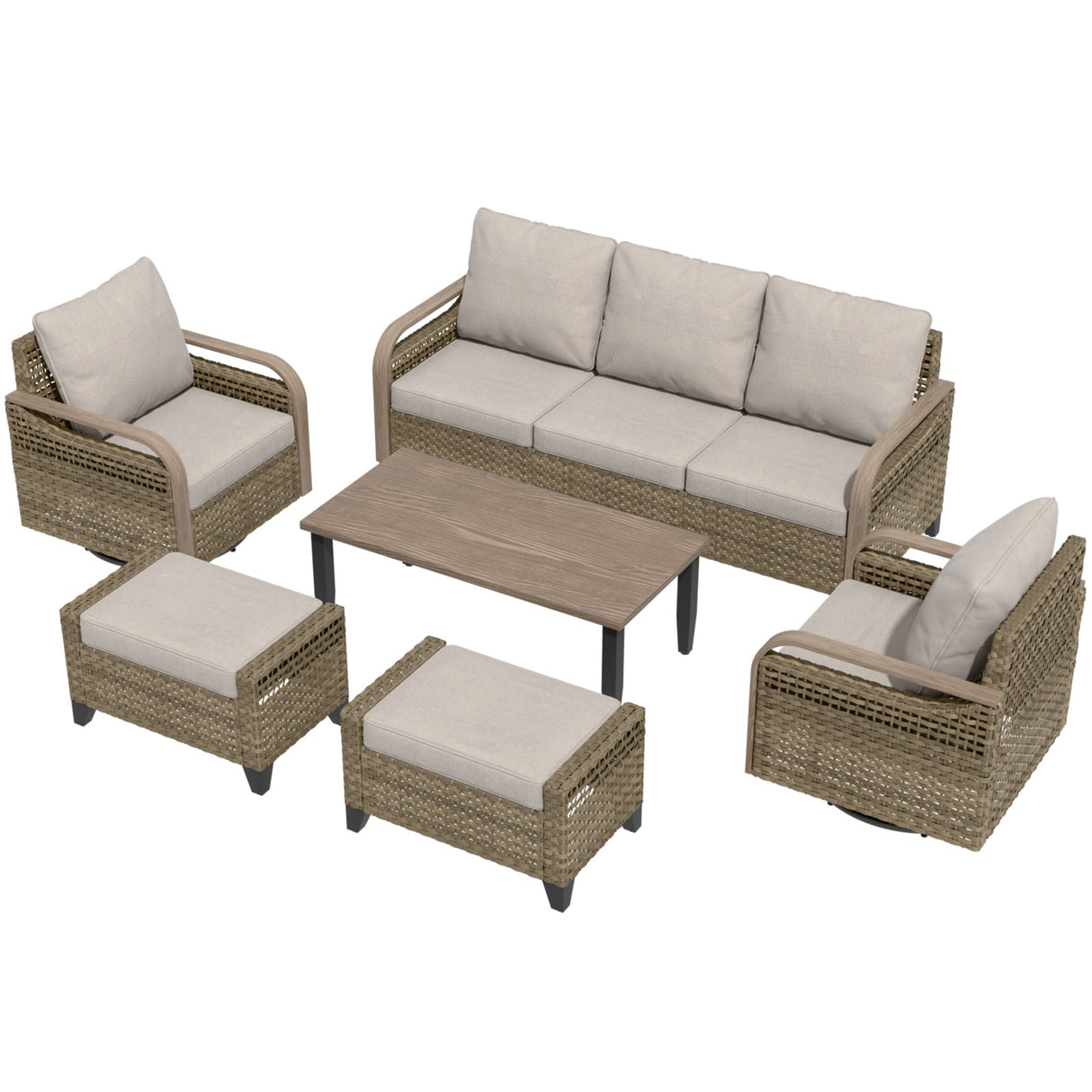 Modern Wicker Outdoor Patio Furniture Set,2 Swivel Rocking Chairs, 3 - Seat Loveseat, 2 Ottomans and Coffee Table, 6 Pieces, Brown/Gray - Eagle Peak Custom Canopy Tent