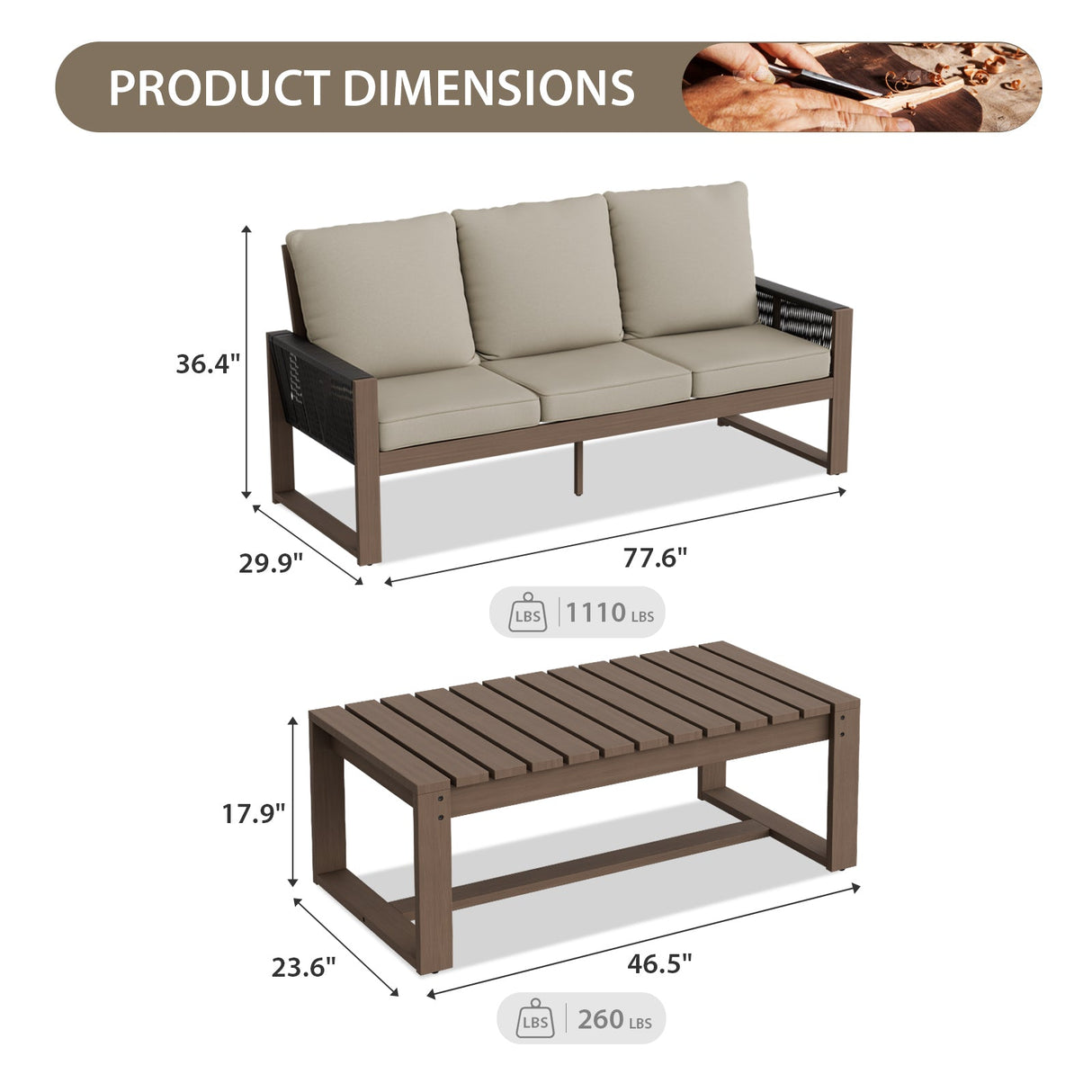 Natural Outdoor Patio Furniture Set, Sofa and Coffee Table, 2 Pieces - Eagle Peak Custom Canopy Tent