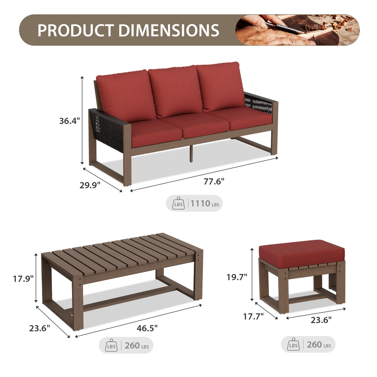 Natural Wood Furniture Set, Sofa, 2 Ottomans and Coffee Table, 4 Pieces - Eagle Peak Custom Canopy Tent