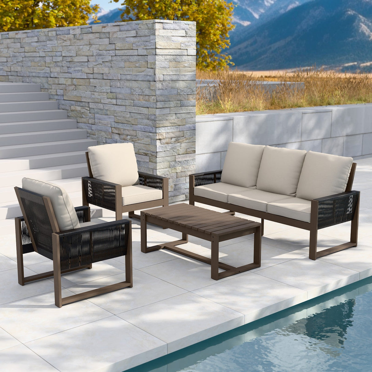 Natural Wood Outdoor Patio Furniture Set, Sofa 2 Chairs and Coffee Table, 4 Pieces - Eagle Peak Custom Canopy Tent