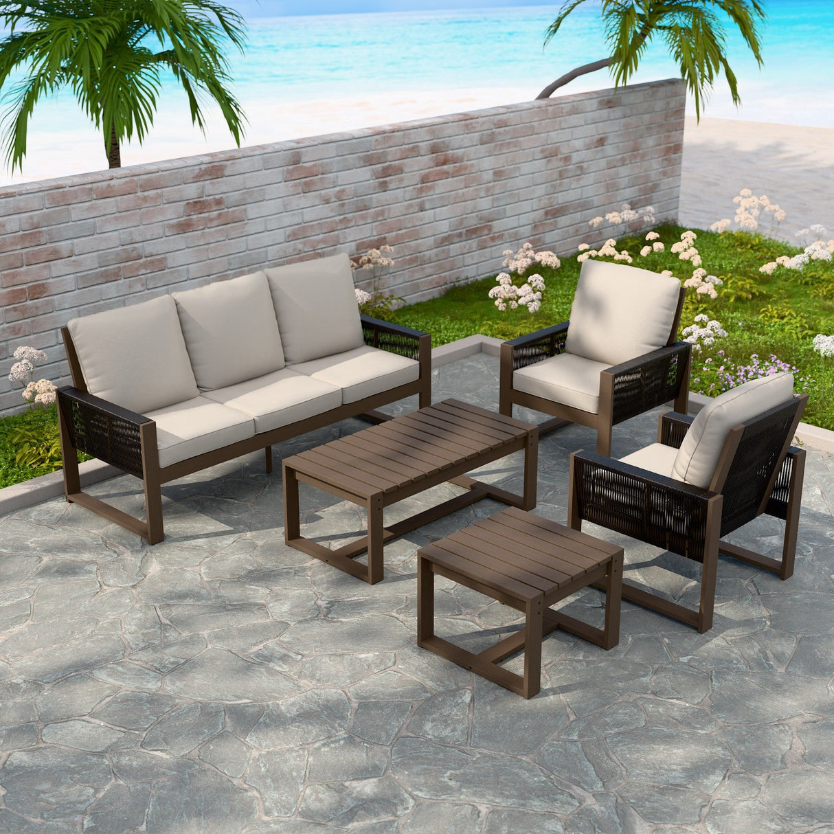 Natural Wood Outdoor Patio Furniture Set, Sofa 2 Patio Chairs, Coffee Table and Side Table, 5 pcs - Eagle Peak Custom Canopy Tent