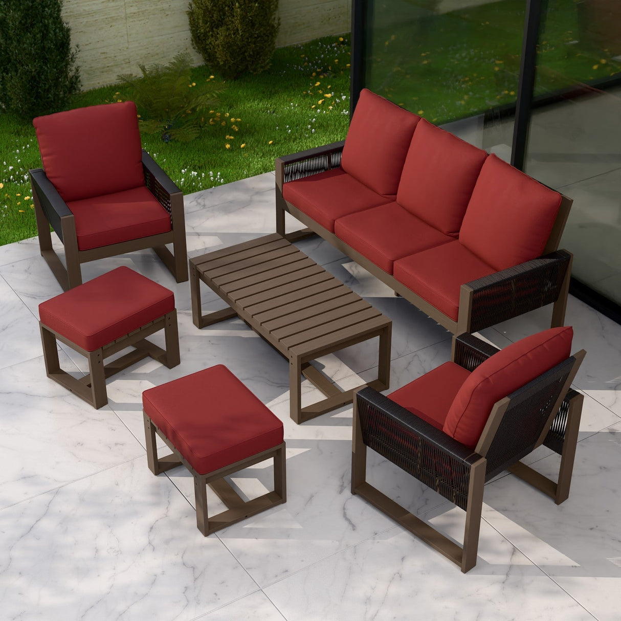 Natural Wood Outdoor Patio Furniture, Sofa 2 Patio Chairs 2 Ottomans and Coffee Table, 6 pcs - Eagle Peak Custom Canopy Tent