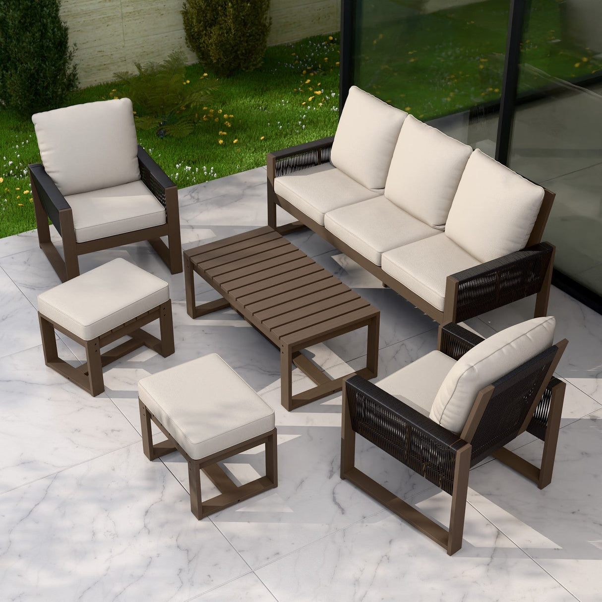 Natural Wood Outdoor Patio Furniture, Sofa 2 Patio Chairs 2 Ottomans and Coffee Table, 6 pcs - Eagle Peak Custom Canopy Tent