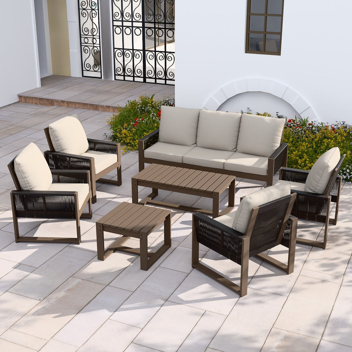 Natural Wood Outdoor Patio Furniture, Sofa 4 Patio Chairs 2 Ottomans and Coffee Table, 8 pcs - Eagle Peak Custom Canopy Tent