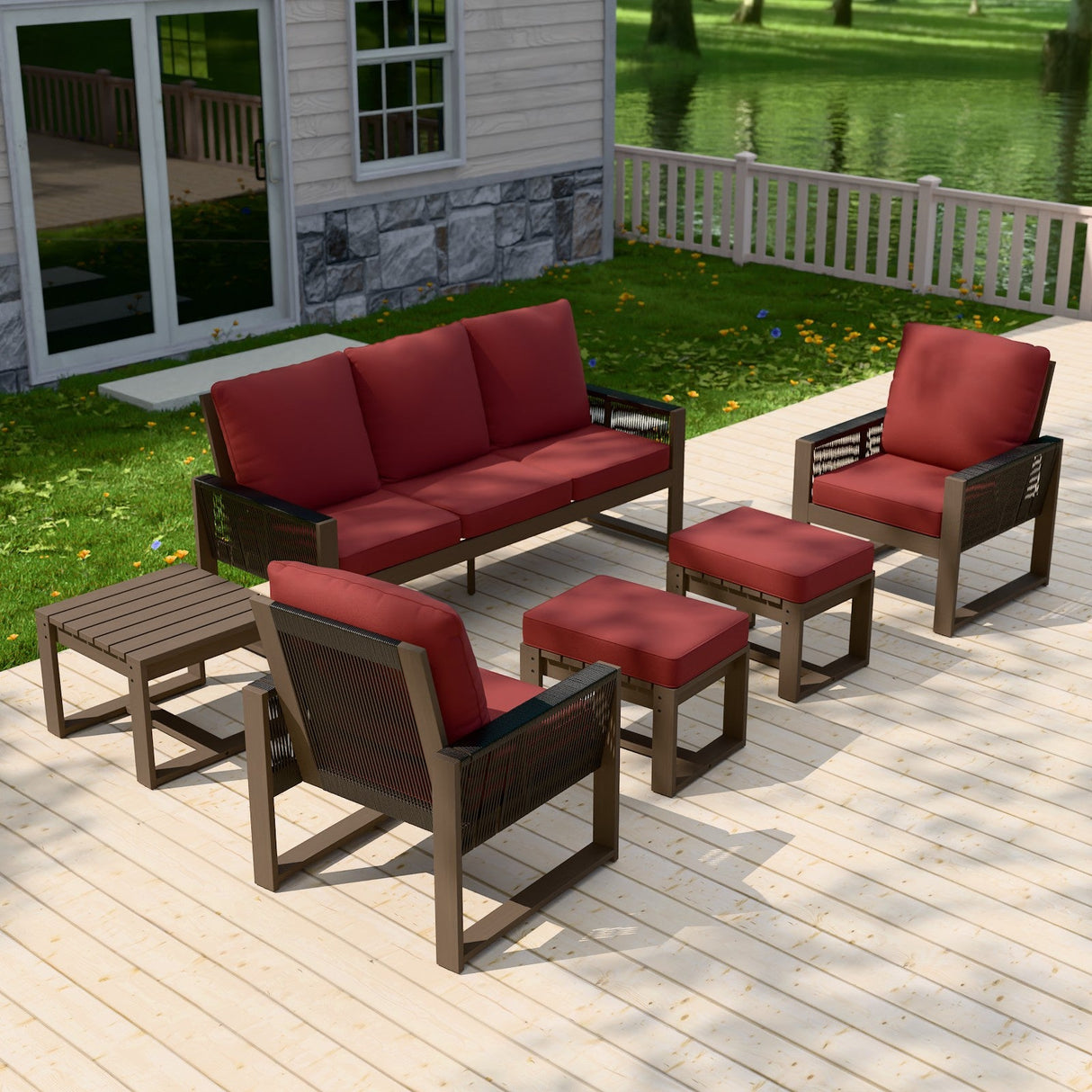 Natural Wood Outdoor Patio Furniture,Sofa 2 Patio Chairs 2 Ottomans and Side Table, 6 pcs - Eagle Peak Custom Canopy Tent