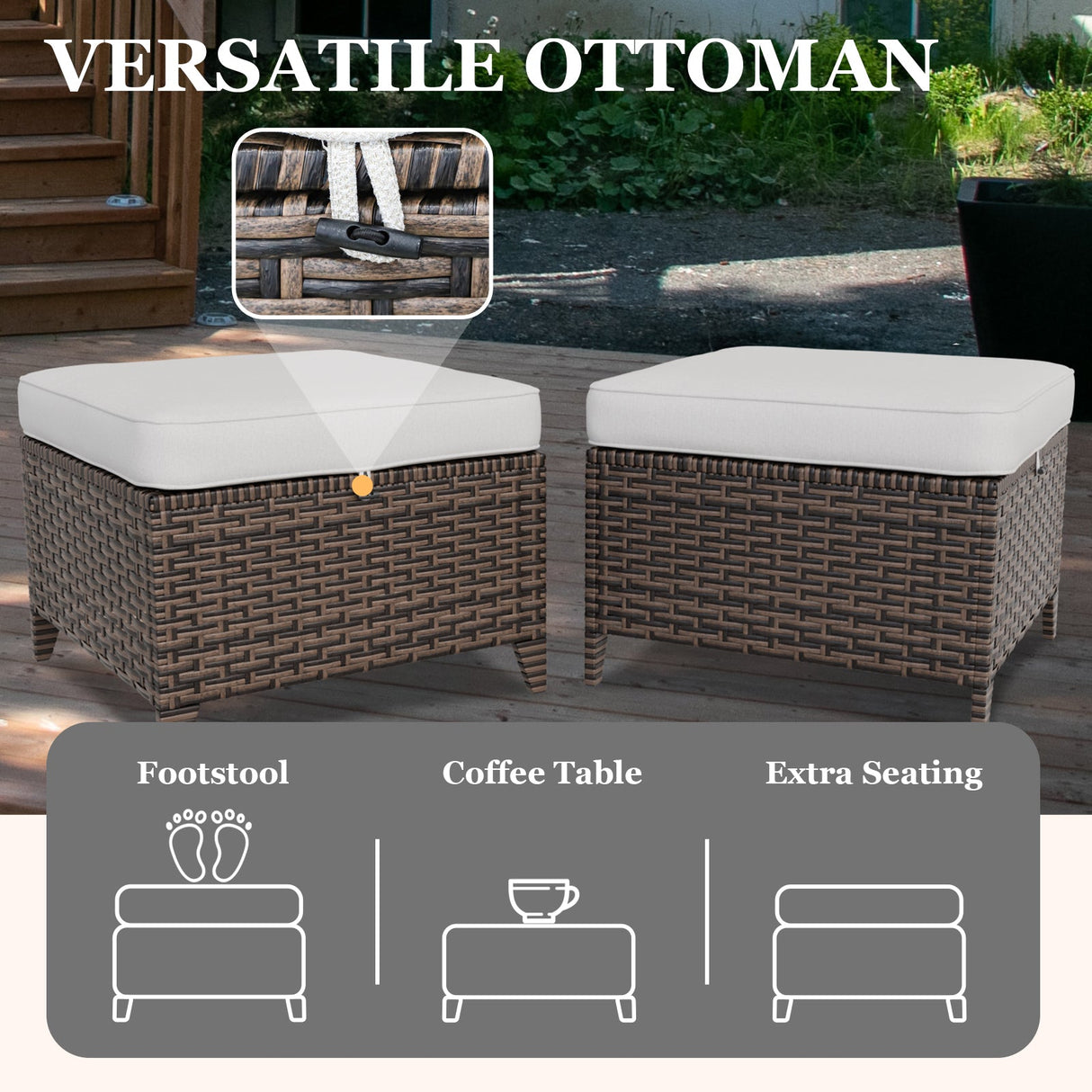 Ocean Vista 2 Piece Wicker Patio Ottoman Set Weather - Resistant Cushions, Beige/Blue - Eagle Peak Custom Canopy Tent