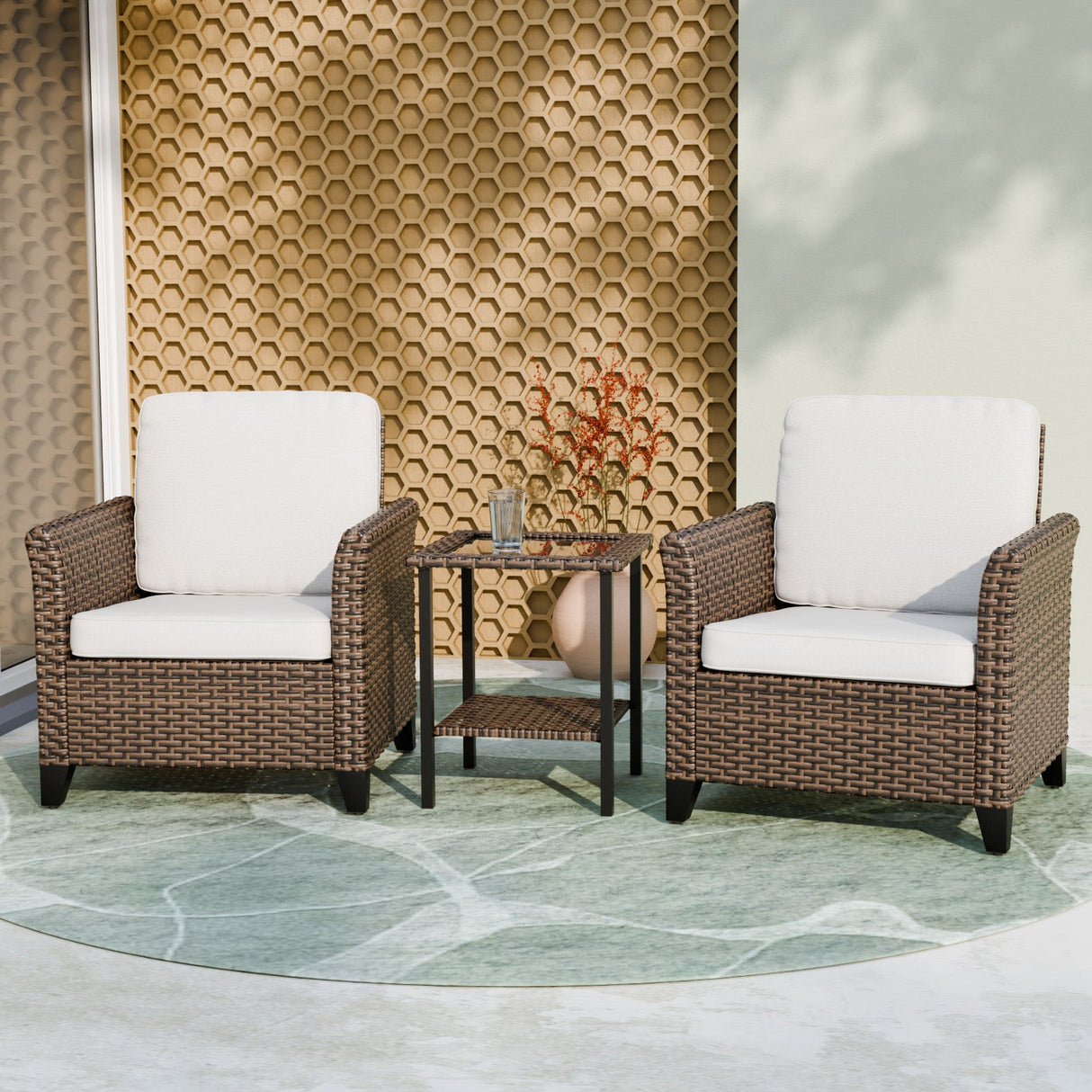 Ocean Vista 3 Piece Outdoor Wicker Bistro Set, Patio Chairs with Side Table, Beige/Blue - Eagle Peak Custom Canopy Tent