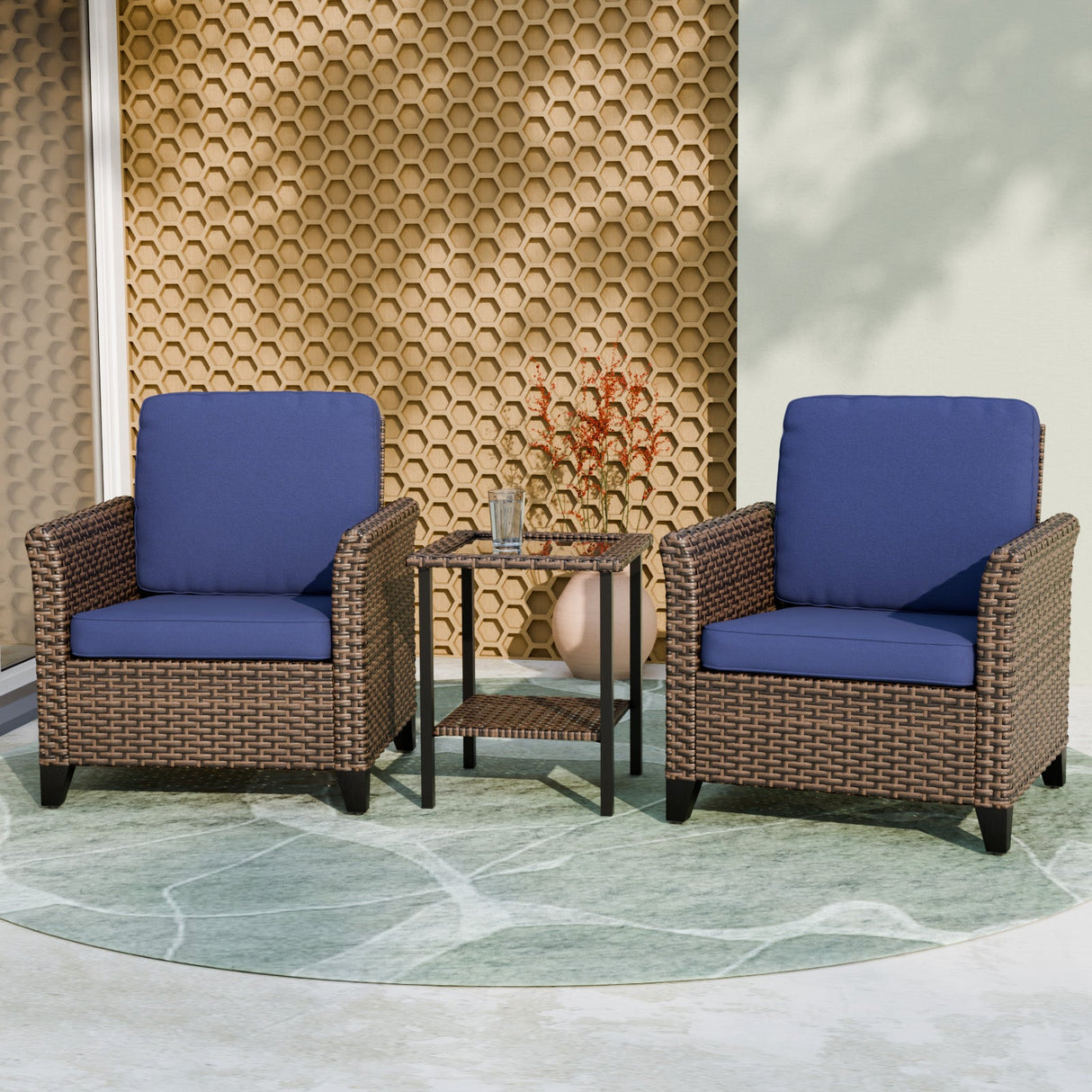 Ocean Vista 3 Piece Outdoor Wicker Bistro Set, Patio Chairs with Side Table, Beige/Blue - Eagle Peak Custom Canopy Tent