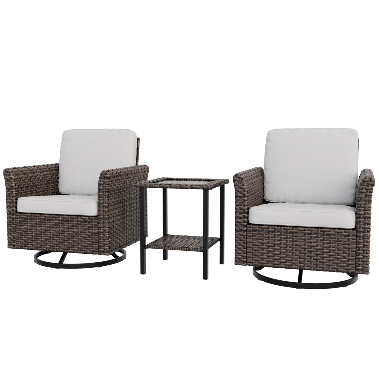 Ocean Vista 3 Piece Outdoor Wicker Bistro Set, Swivel Rocking Chairs with Side Table, Beige/Blue - Eagle Peak Custom Canopy Tent