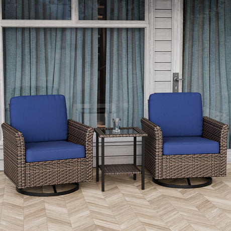 Ocean Vista 3 Piece Outdoor Wicker Bistro Set, Swivel Rocking Chairs with Side Table, Beige/Blue - Eagle Peak Custom Canopy Tent