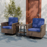 Ocean Vista 3 Piece Outdoor Wicker Bistro Set, Swivel Rocking Chairs with Side Table, Beige/Blue - Eagle Peak Custom Canopy Tent