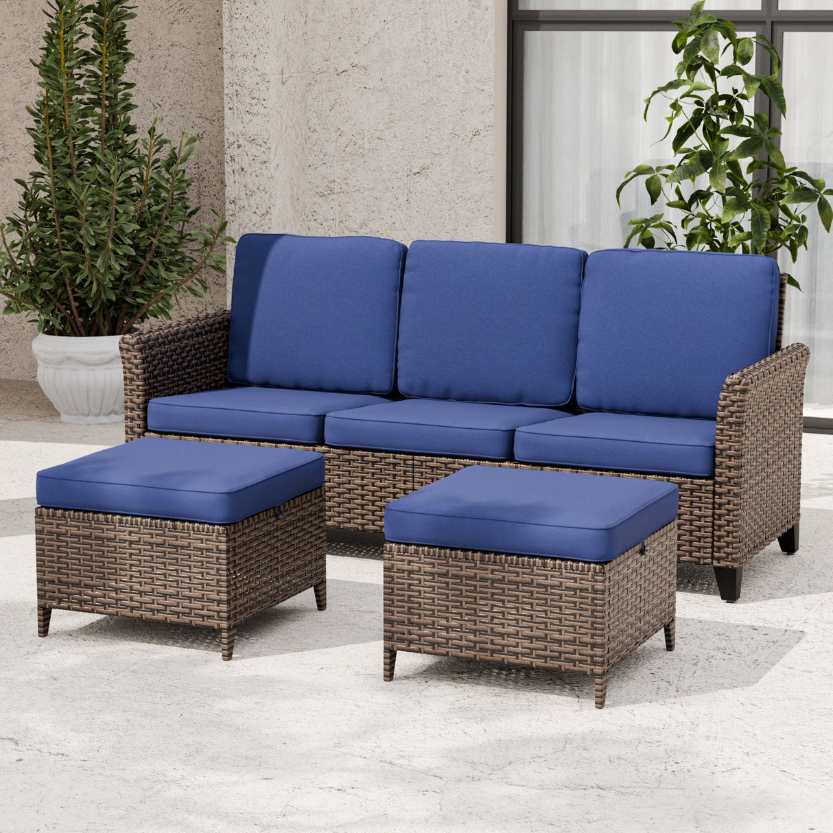 Ocean Vista Outdoor Wicker Couch Sofa with 2 Ottomans, Set of 3, Beige/Blue - Eagle Peak Custom Canopy Tent