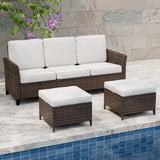 Ocean Vista Outdoor Wicker Couch Sofa with 2 Ottomans, Set of 3, Beige/Blue - Eagle Peak Custom Canopy Tent